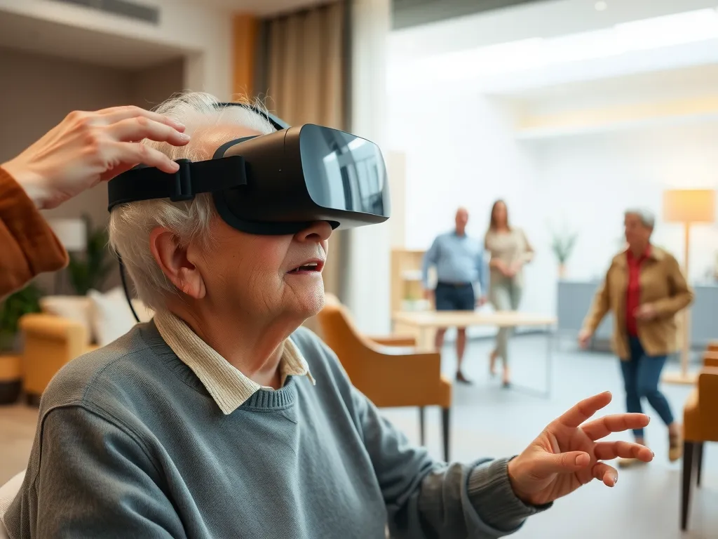 An elderly person using a virtual reality headset to experience a walkthrough of a senior living facility, immersive, engaging, with a family member present, photorealistic, interactive technology illustrating cognitive engagement.