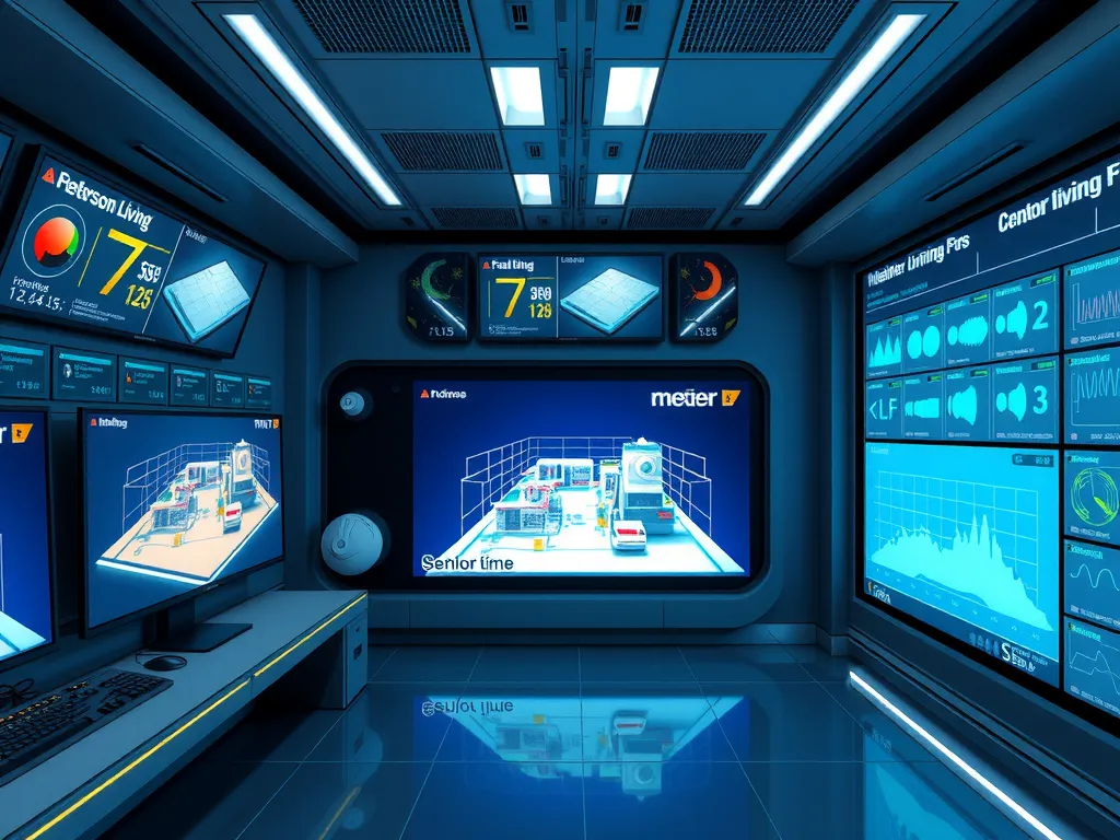 A futuristic control room for a senior living facility displaying real-time data on digital screens, advanced 3D models of the facility paired with environmental inputs like temperature and lighting.