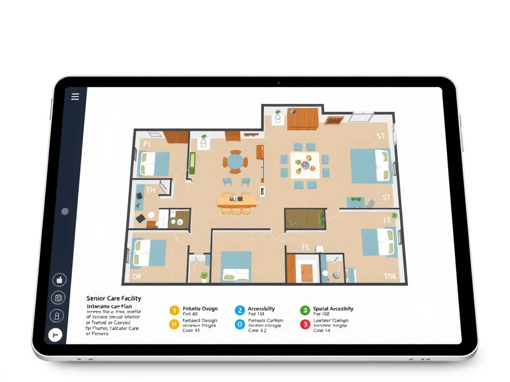 A senior care facility floor plan displayed on a digital tablet with interactive 3D models, photorealistic, detailed renderings highlighting personalized design options and spatial accessibility features.