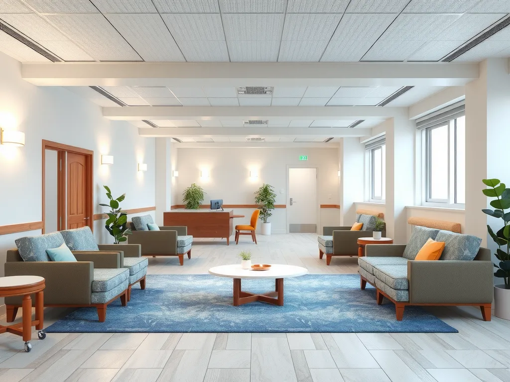 A serene communal area in an elderly care facility with adaptive lighting and ergonomic furniture, high-quality 3D visualization, harmonious design elements promoting relaxation and social interaction.