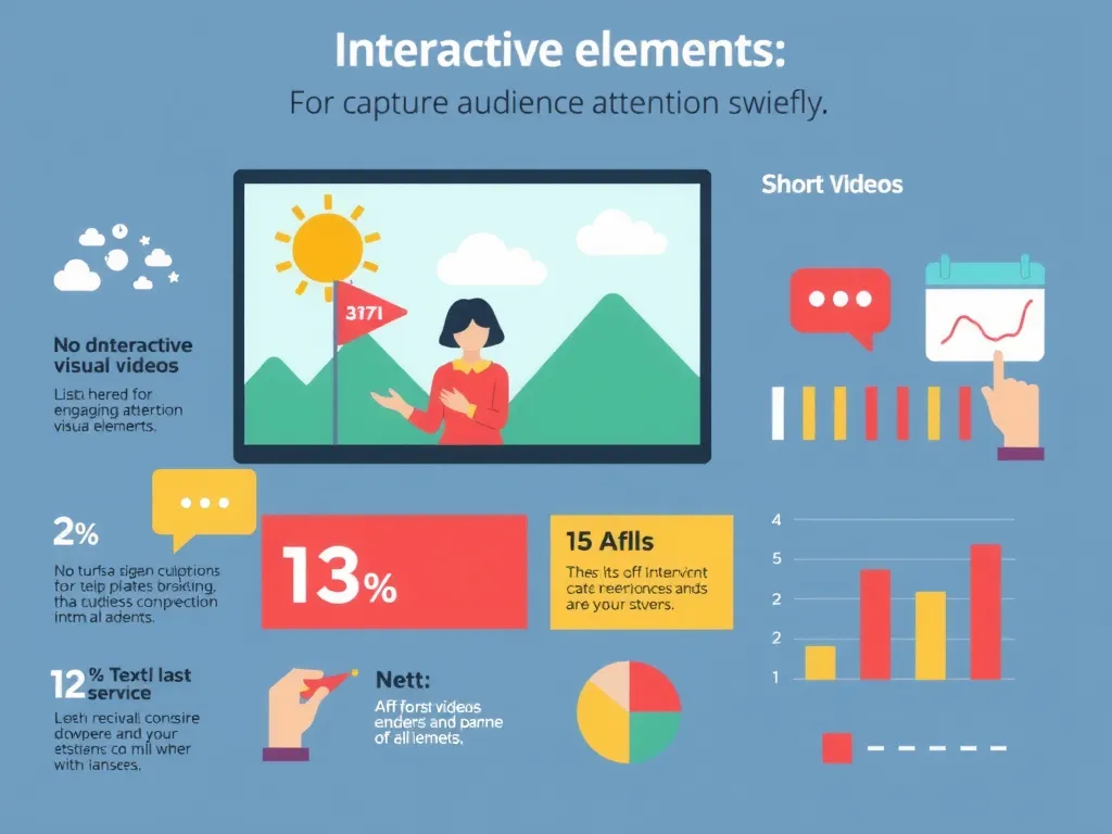 Interactive visual elements including short videos and infographics, marked by engaging colors and concise formats, reflecting strategies for capturing audience attention swiftly.