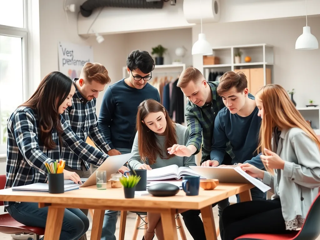 Scene showing a diverse team of design professionals collaborating in a creative workspace, high quality, bright and inviting atmosphere, teamwork and innovation in action