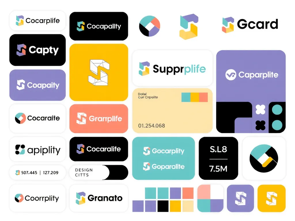 An artistic representation of different visual identity elements like logos, color schemes, typography in a unified branding layout, showcasing consistency and creativity in design, digital illustration, high resolution