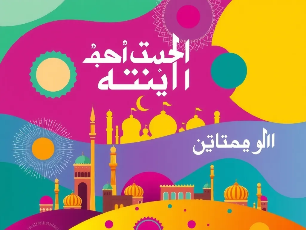 Colorful and dynamic graphics illustrating how Arabic companies incorporate local cultural elements into their visual identity, including Arabic typography and traditional patterns, rich textures, and vibrant designs