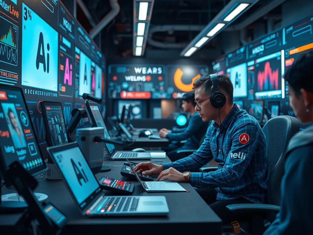 A futuristic scene with graphic designers using advanced design tools like Adobe Illustrator and AI technologies to craft visual elements, showing integration of modern technology in design, innovative workspace